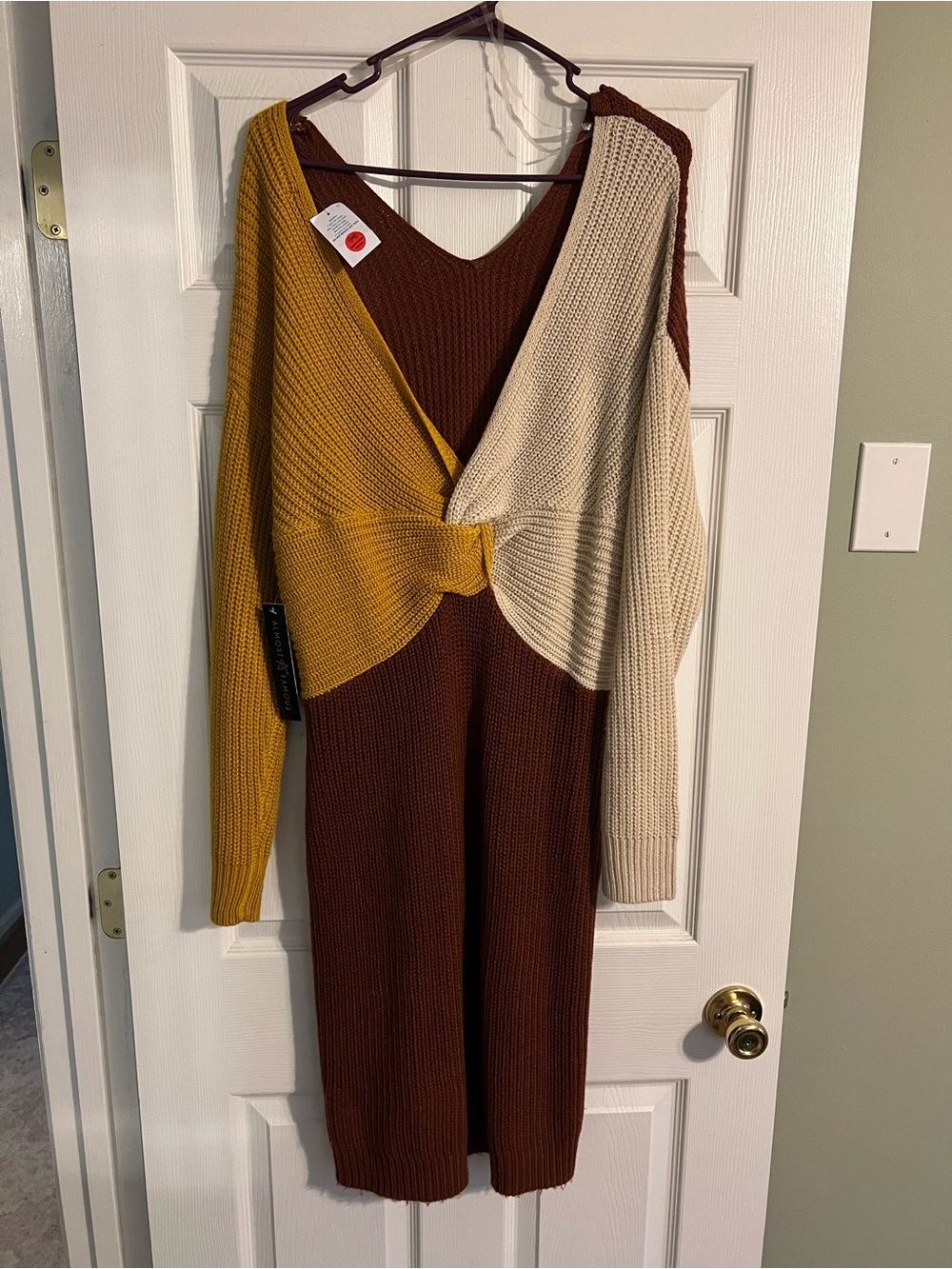 Knit Colorblock Twist-Front Sweater Dress in Brown, Mustard & Cream